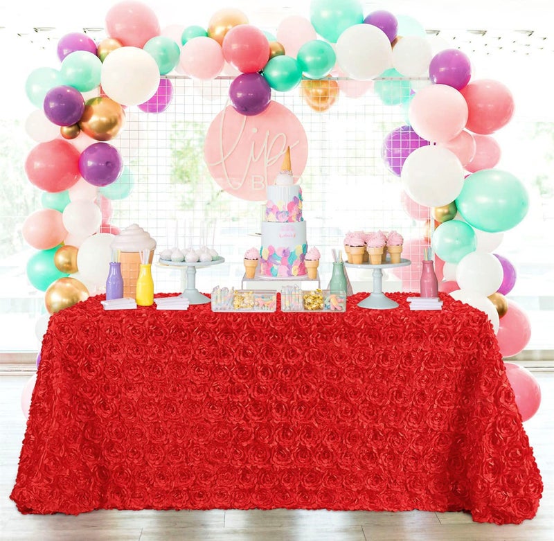 B.Cool B-COOL Red Rosette Tablecloth 60x102 Inch 3D Floral Satin Table Overlay Valentines Wedding Table Cloth Red Flowers Table Fabric Celebration Birthday Rectangle Table Linen - Image 3